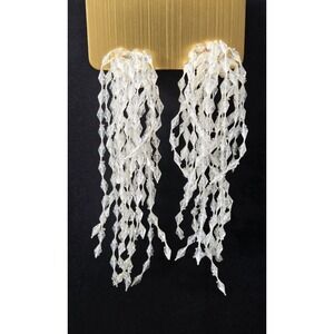 Vintage Oversized White Cascade Beaded Fringe Clip-on Earrings Ice Snow Look